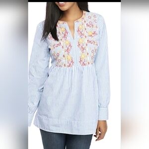Crown & Ivy Striped Blouse with Floral Embroidery